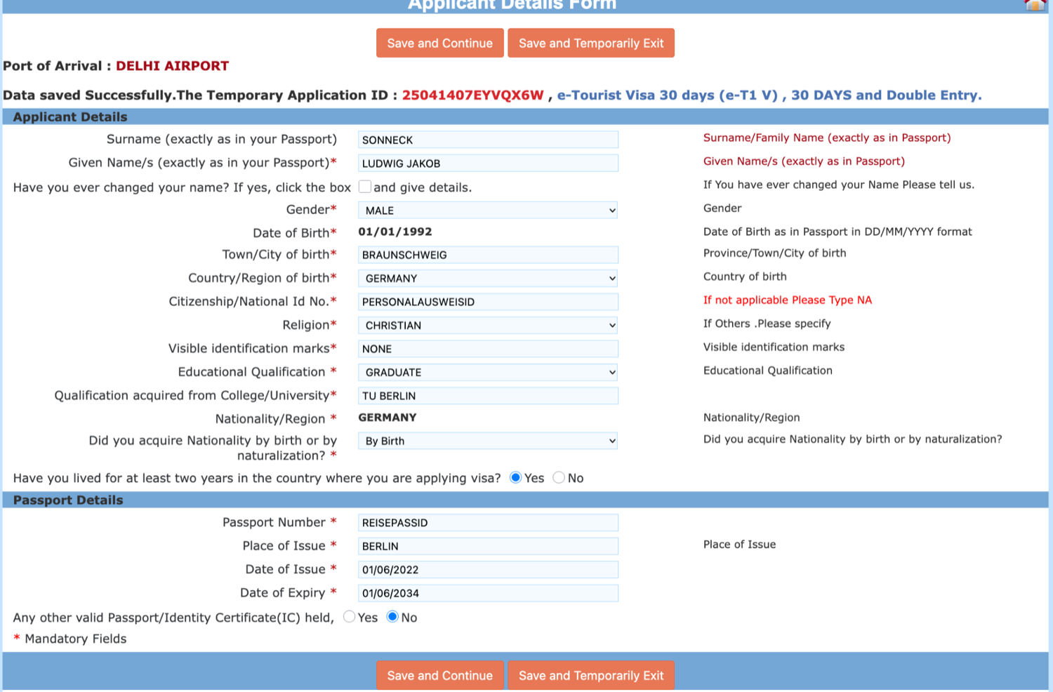The Applicant Details form filled in as a worked example