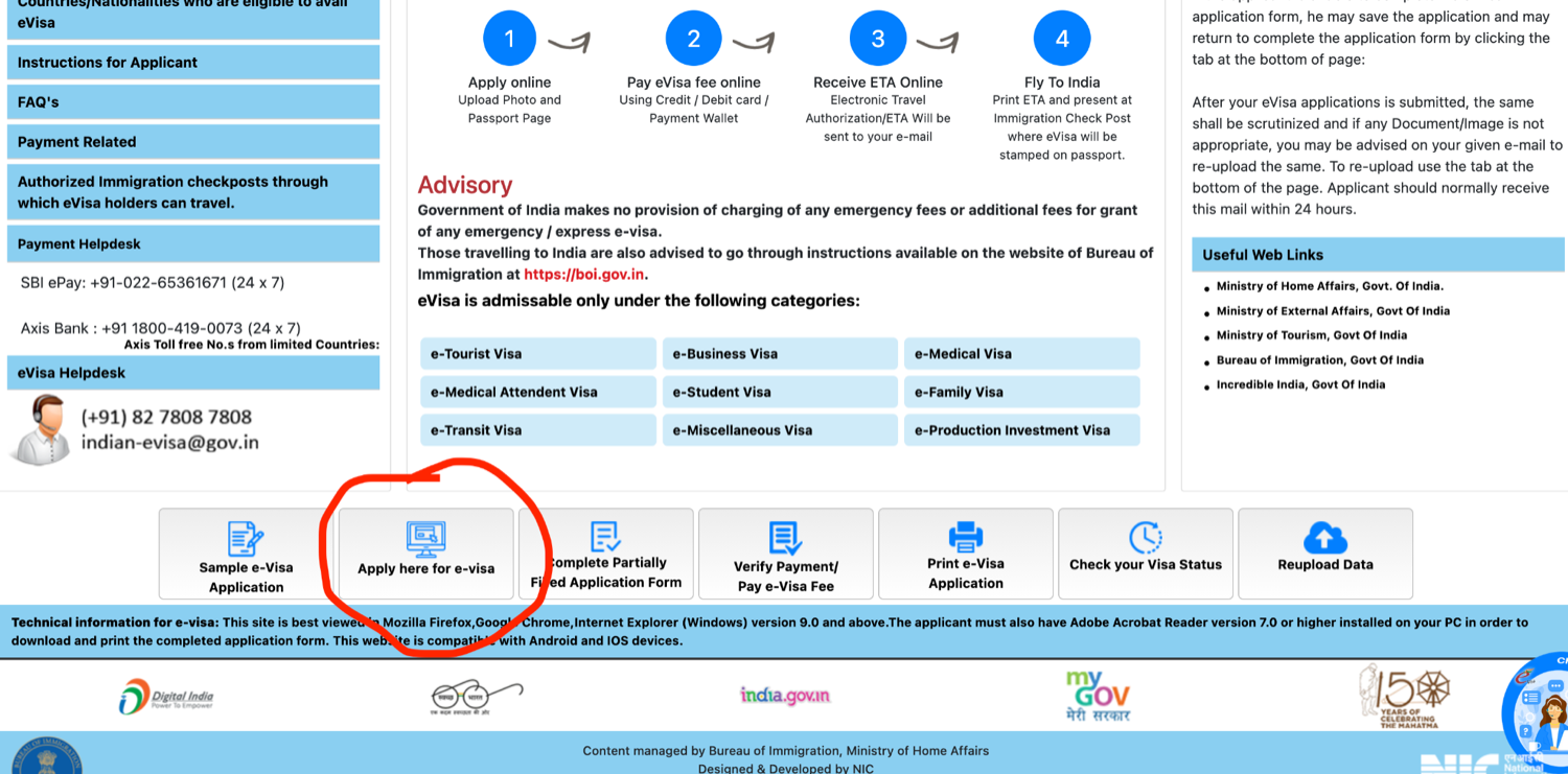 The e-Visa portal home page with the Apply here for e-visa button circled
