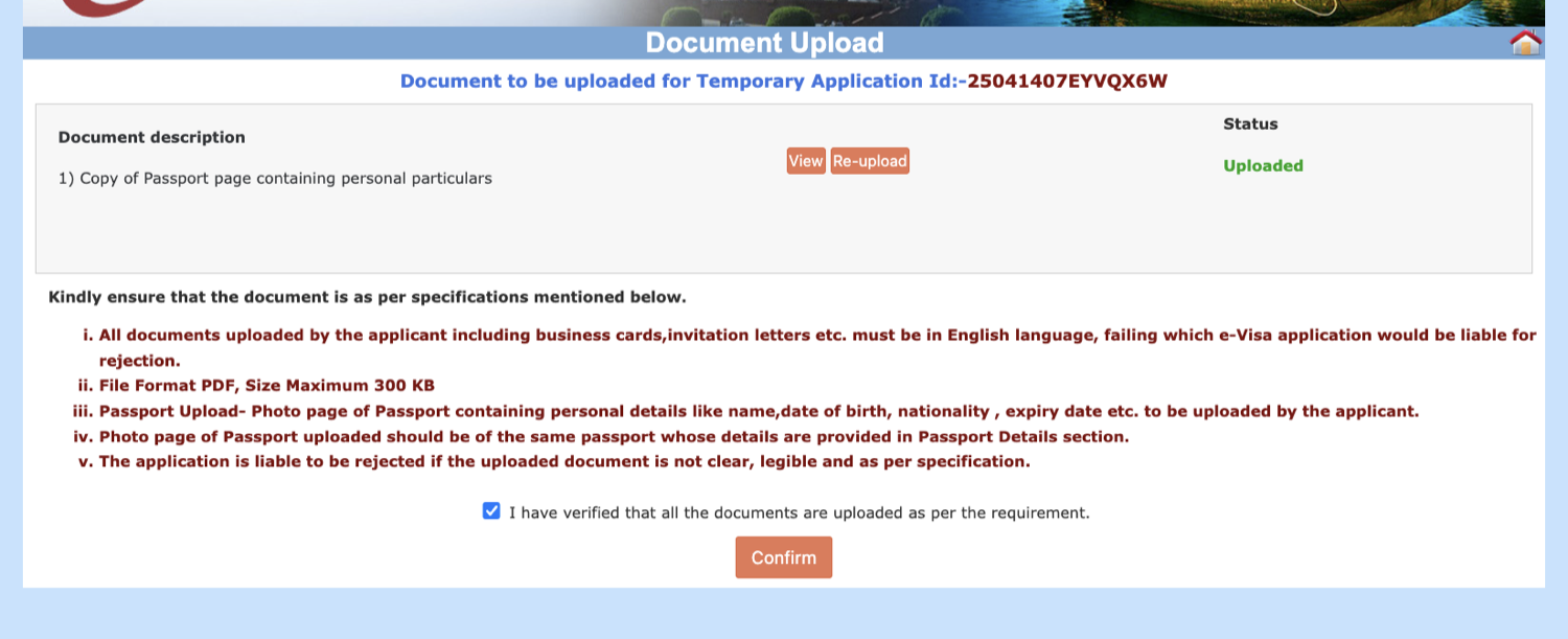 The document upload screen showing the passport PDF uploaded
