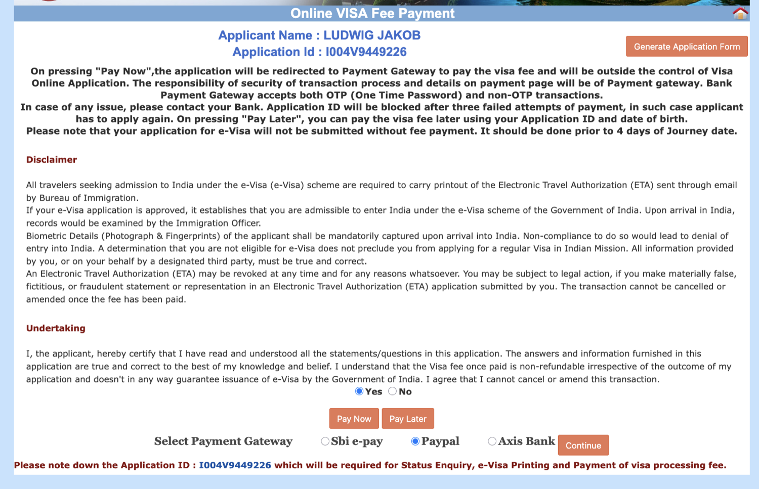 The visa fee payment page with Yes ticked and PayPal selected