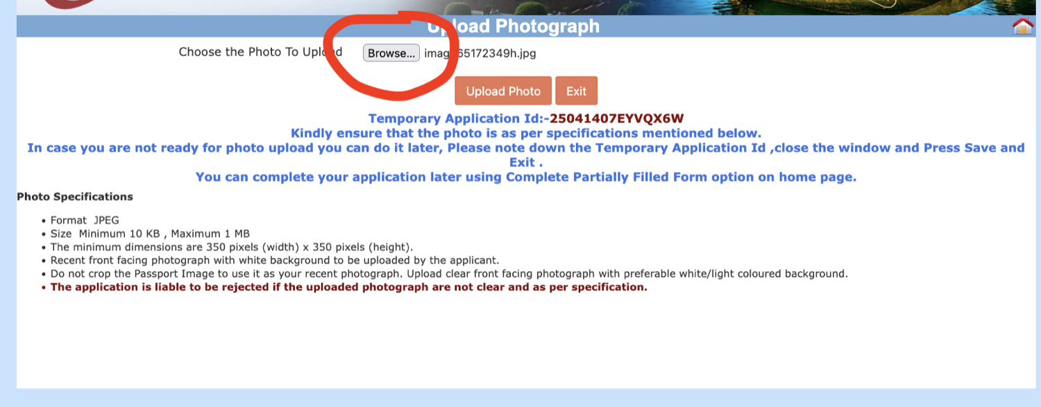 The photo upload screen with the Browse button circled
