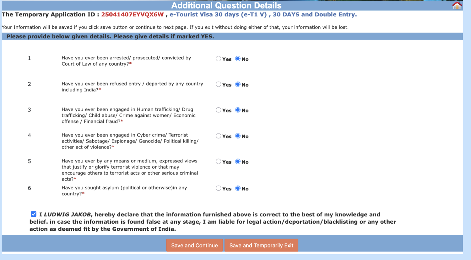 The additional-questions page with every answer set to No