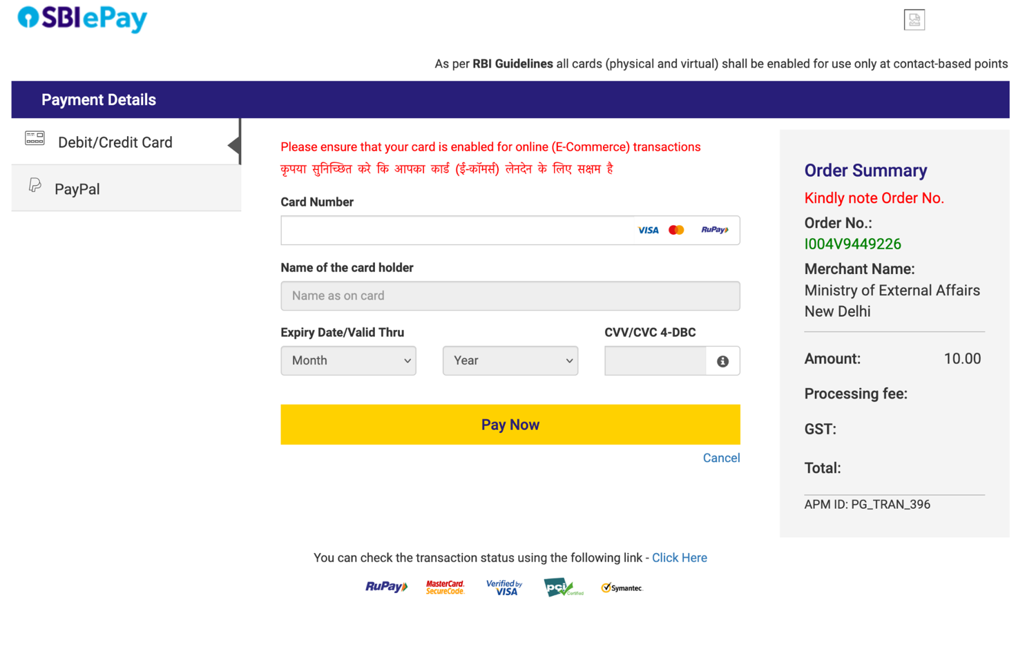 The SBIePay payment screen offering card and PayPal options