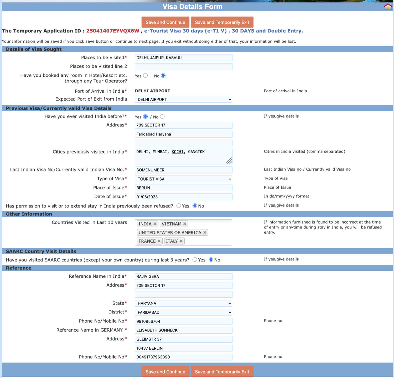 The travel and reference details form filled in as a worked example