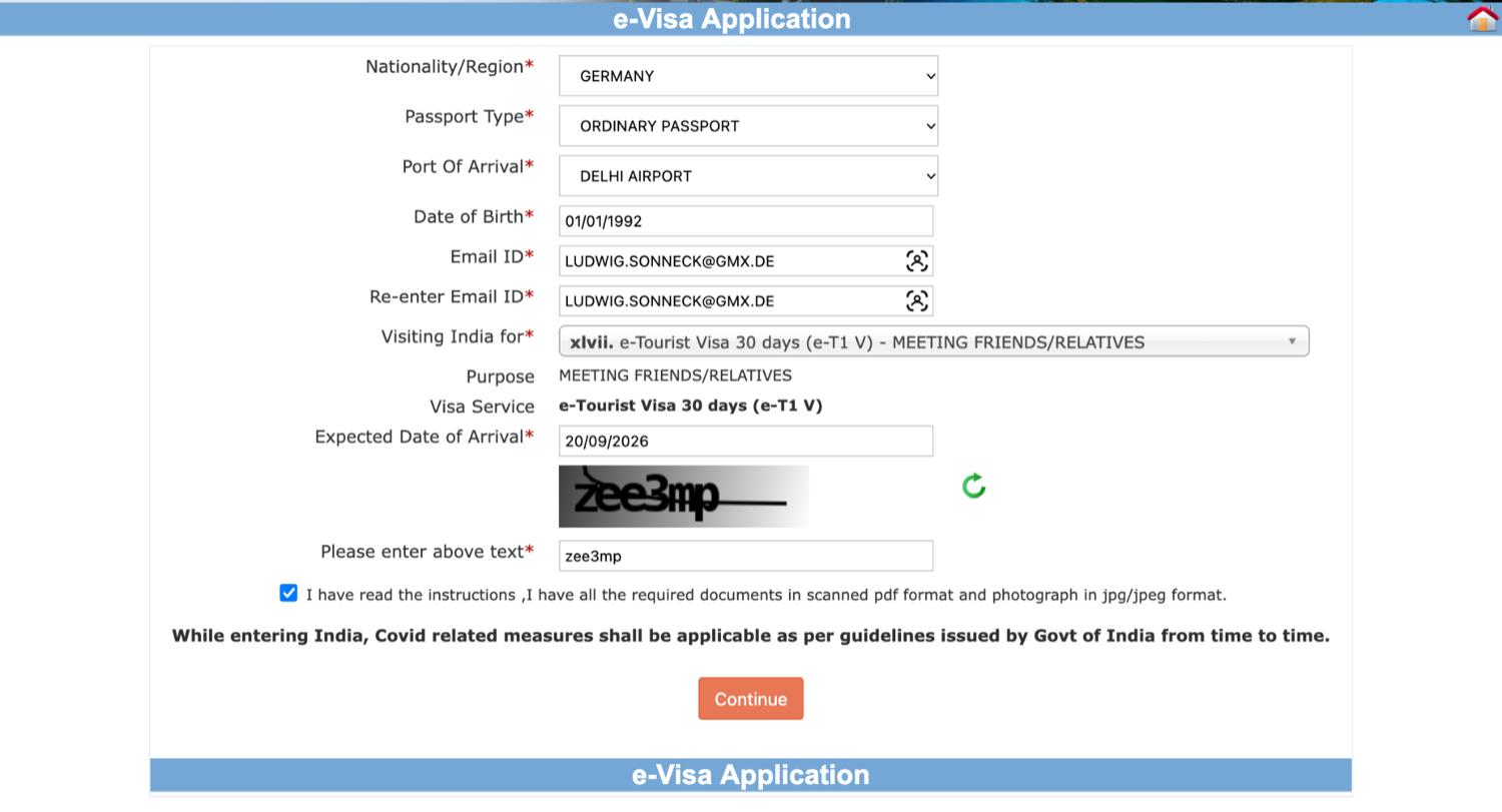 The first e-Visa application screen showing the visa-type dropdown set to e-Tourist Visa 30 days, meeting friends/relatives